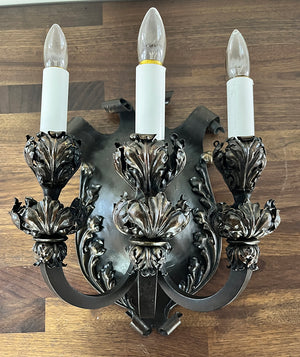 SET OF 3 SCONCES AVAILABLE - $3500 SET  - Antique Circa 1895-1900 Grand Beaux Arts Three Light Shield Back and Detailed Acanthus Scocnes