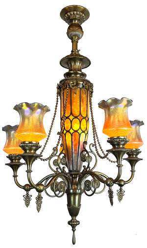 Stunning, Rare, Authenticated Antique Circa 1901 Gibson Gas Fixture Works of Philadelpha Five Light Beaux Arts Chandelier with Antique American Art Glass Pulled Feather Shades