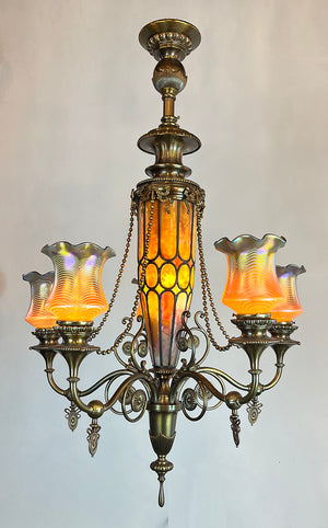 Stunning, Rare, Authenticated Antique Circa 1901 Gibson Gas Fixture Works of Philadelpha Five Light Beaux Arts Chandelier with Antique American Art Glass Pulled Feather Shades