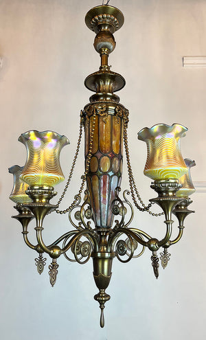 Stunning, Rare, Authenticated Antique Circa 1901 Gibson Gas Fixture Works of Philadelpha Five Light Beaux Arts Chandelier with Antique American Art Glass Pulled Feather Shades