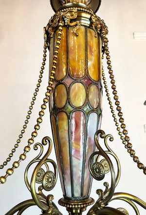 Stunning, Rare, Authenticated Antique Circa 1901 Gibson Gas Fixture Works of Philadelpha Five Light Beaux Arts Chandelier with Antique American Art Glass Pulled Feather Shades