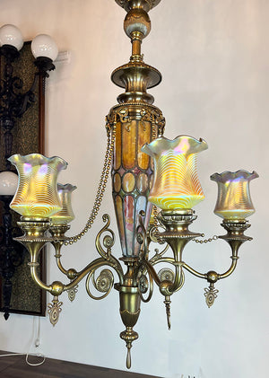 Stunning, Rare, Authenticated Antique Circa 1901 Gibson Gas Fixture Works of Philadelpha Five Light Beaux Arts Chandelier with Antique American Art Glass Pulled Feather Shades