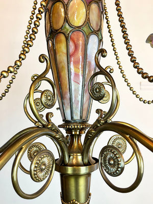 Stunning, Rare, Authenticated Antique Circa 1901 Gibson Gas Fixture Works of Philadelpha Five Light Beaux Arts Chandelier with Antique American Art Glass Pulled Feather Shades