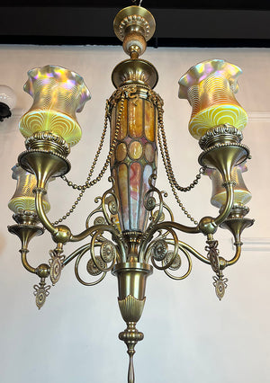 Stunning, Rare, Authenticated Antique Circa 1901 Gibson Gas Fixture Works of Philadelpha Five Light Beaux Arts Chandelier with Antique American Art Glass Pulled Feather Shades