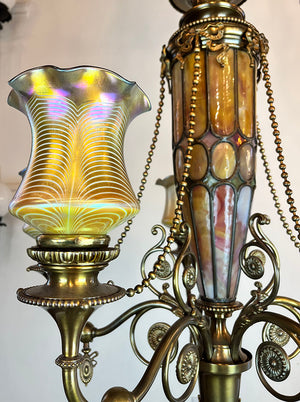 Stunning, Rare, Authenticated Antique Circa 1901 Gibson Gas Fixture Works of Philadelpha Five Light Beaux Arts Chandelier with Antique American Art Glass Pulled Feather Shades