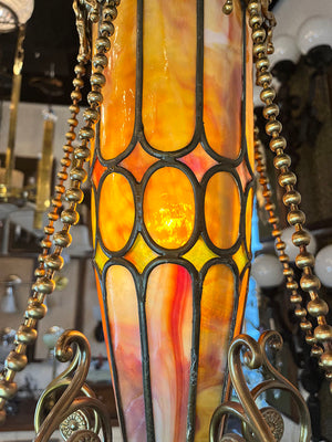 Stunning, Rare, Authenticated Antique Circa 1901 Gibson Gas Fixture Works of Philadelpha Five Light Beaux Arts Chandelier with Antique American Art Glass Pulled Feather Shades