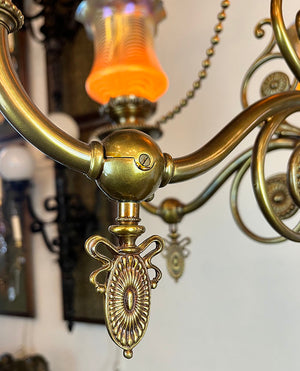 Stunning, Rare, Authenticated Antique Circa 1901 Gibson Gas Fixture Works of Philadelpha Five Light Beaux Arts Chandelier with Antique American Art Glass Pulled Feather Shades