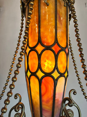 Stunning, Rare, Authenticated Antique Circa 1901 Gibson Gas Fixture Works of Philadelpha Five Light Beaux Arts Chandelier with Antique American Art Glass Pulled Feather Shades