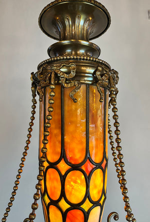 Stunning, Rare, Authenticated Antique Circa 1901 Gibson Gas Fixture Works of Philadelpha Five Light Beaux Arts Chandelier with Antique American Art Glass Pulled Feather Shades