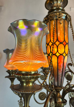 Stunning, Rare, Authenticated Antique Circa 1901 Gibson Gas Fixture Works of Philadelpha Five Light Beaux Arts Chandelier with Antique American Art Glass Pulled Feather Shades