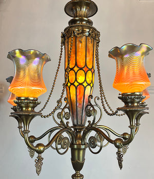 Stunning, Rare, Authenticated Antique Circa 1901 Gibson Gas Fixture Works of Philadelpha Five Light Beaux Arts Chandelier with Antique American Art Glass Pulled Feather Shades