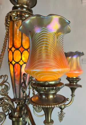 Stunning, Rare, Authenticated Antique Circa 1901 Gibson Gas Fixture Works of Philadelpha Five Light Beaux Arts Chandelier with Antique American Art Glass Pulled Feather Shades