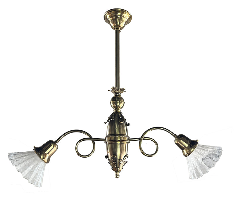 Antique 1890 Late Victorian Early Electric Double Light wiht Scroll Arms and Original Etched Ruffled Antique Shades