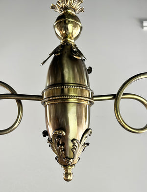 Antique 1890 Late Victorian Early Electric Double Light wiht Scroll Arms and Original Etched Ruffled Antique Shades