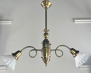 Antique 1890 Late Victorian Early Electric Double Light wiht Scroll Arms and Original Etched Ruffled Antique Shades