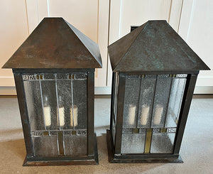 $2500 PAIR - Large 24" tall 1910 Arts and Crafts Copper Lantern Sconces with Leaded Frank Llyod Wright Leaded Glass Panels