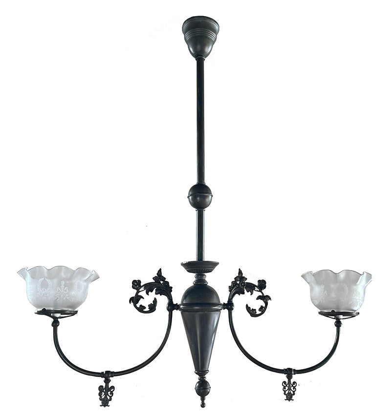 Antique Circa 1895 Large Converted Gas Two Light Fixture with Antique Acid Etched Shades