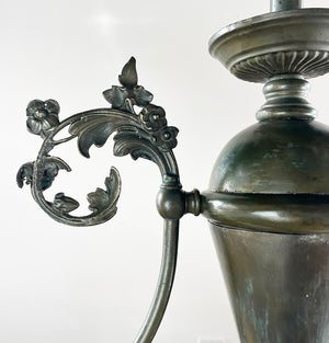 Antique Circa 1895 Large Converted Gas Two Light Fixture with Antique Acid Etched Shades