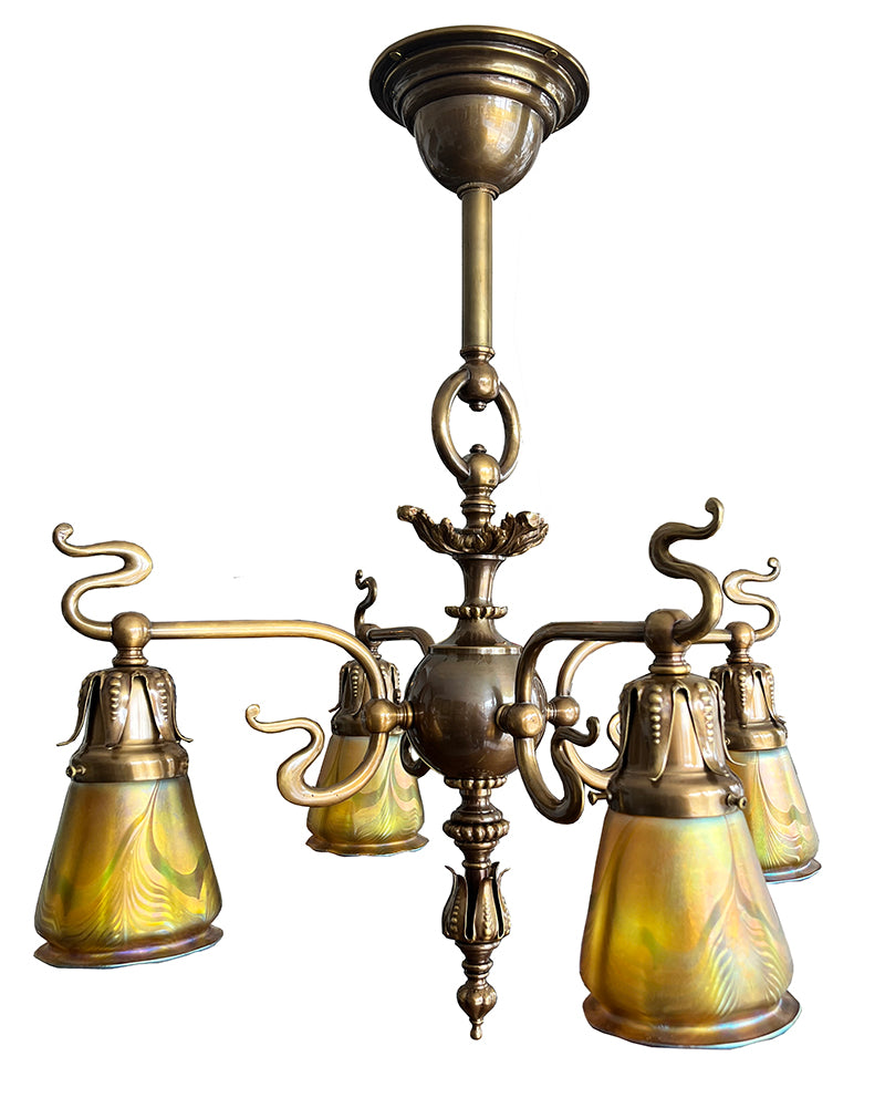 Stunning Antique Circa 1900 Art Nouveau Four Light Flush Mount with Signed Quezal Pulled Feather Gold Shades