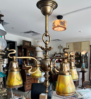 Stunning Antique Circa 1900 Art Nouveau Four Light Flush Mount with Signed Quezal Pulled Feather Gold Shades