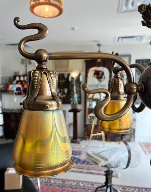 Stunning Antique Circa 1900 Art Nouveau Four Light Flush Mount with Signed Quezal Pulled Feather Gold Shades