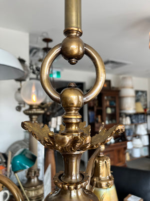 Stunning Antique Circa 1900 Art Nouveau Four Light Flush Mount with Signed Quezal Pulled Feather Gold Shades