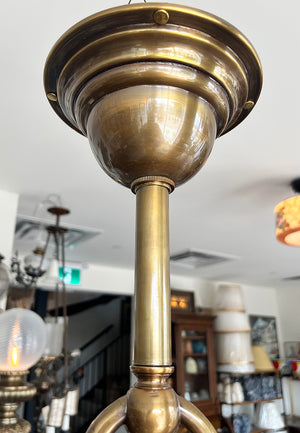 Stunning Antique Circa 1900 Art Nouveau Four Light Flush Mount with Signed Quezal Pulled Feather Gold Shades