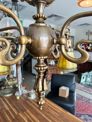 Stunning Antique Circa 1900 Art Nouveau Four Light Flush Mount with Signed Quezal Pulled Feather Gold Shades