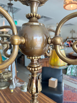 Stunning Antique Circa 1900 Art Nouveau Four Light Flush Mount with Signed Quezal Pulled Feather Gold Shades