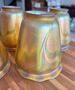 Stunning Antique Circa 1900 Art Nouveau Four Light Flush Mount with Signed Quezal Pulled Feather Gold Shades