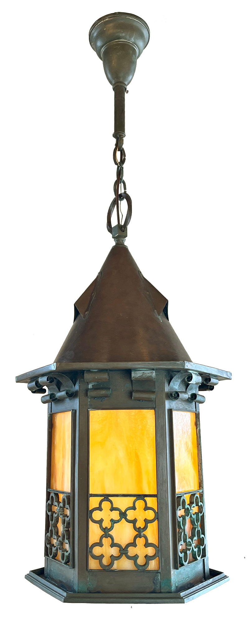 Antique Circa 1900-1905 Large Scale Arts and Crafts Copper and Bronze Lantern