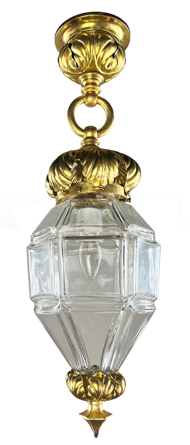 Antique 1900 Beaux Arts Lantern with Original Ormolu Finish and Beveled Glass Six Sided Shade