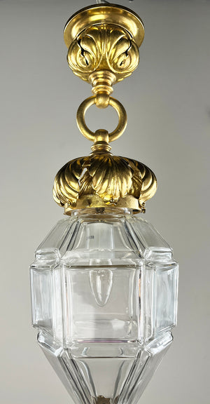 Antique 1900 Beaux Arts Lantern with Original Ormolu Finish and Beveled Glass Six Sided Shade
