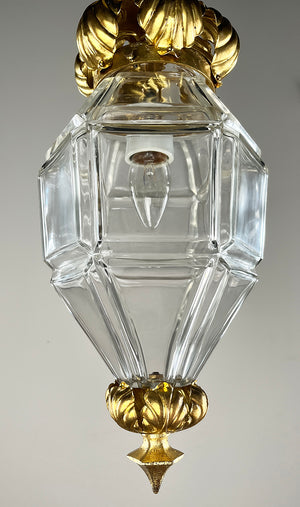 Antique 1900 Beaux Arts Lantern with Original Ormolu Finish and Beveled Glass Six Sided Shade