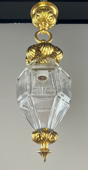 Antique 1900 Beaux Arts Lantern with Original Ormolu Finish and Beveled Glass Six Sided Shade