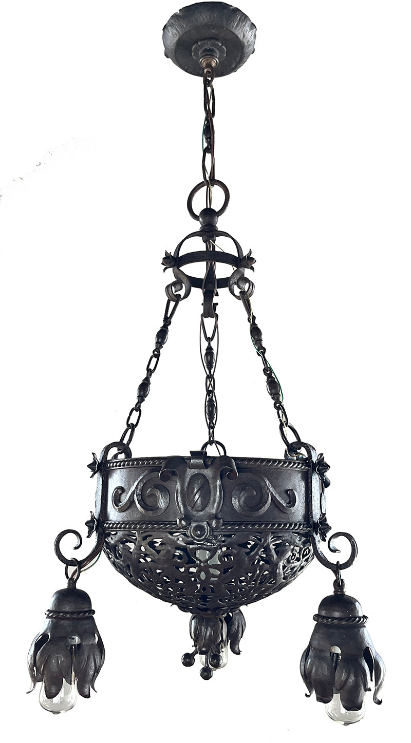 Stunning Antique Circa 1900 Early Electric Beaux Arts and Arts and Crafts Wrought Iron Fixture with Pierced Open Work Center Body