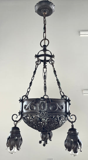 Stunning Antique Circa 1900 Early Electric Beaux Arts and Arts and Crafts Wrought Iron Fixture with Pierced Open Work Center Body