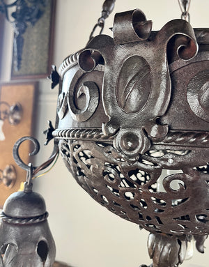 Stunning Antique Circa 1900 Early Electric Beaux Arts and Arts and Crafts Wrought Iron Fixture with Pierced Open Work Center Body