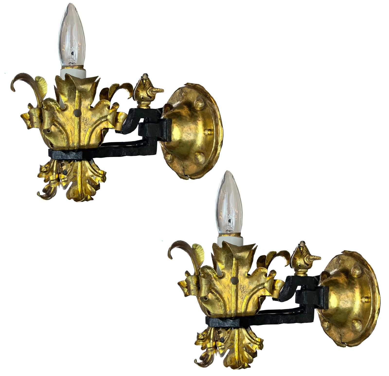 SET OF 6 SCONCES AVAILABLE - $1600 PAIR - Antique Circa 1895-1900 Beaux Arts Ormolu and Cast Iron Foliate Sconces