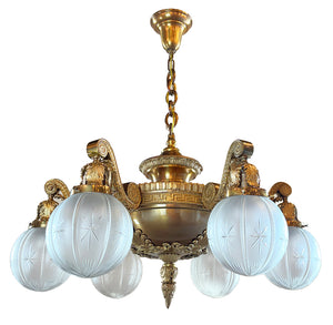 Incredible Antique Circa 1900-1905 Cast Bronze Beaux Arts Six Light Chandelier with Antique Etched and Star Patterned Shades