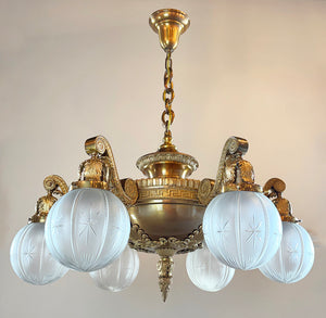 Incredible Antique Circa 1900-1905 Cast Bronze Beaux Arts Six Light Chandelier with Antique Etched and Star Patterned Shades