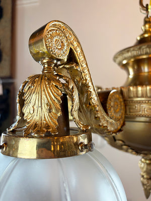 Incredible Antique Circa 1900-1905 Cast Bronze Beaux Arts Six Light Chandelier with Antique Etched and Star Patterned Shades