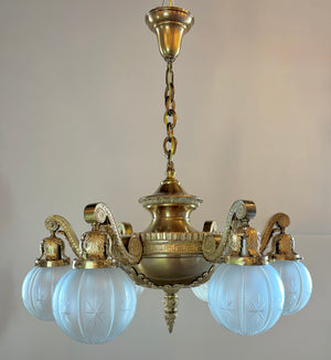Incredible Antique Circa 1900-1905 Cast Bronze Beaux Arts Six Light Chandelier with Antique Etched and Star Patterned Shades