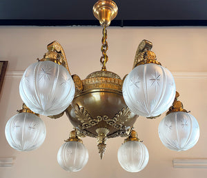 Incredible Antique Circa 1900-1905 Cast Bronze Beaux Arts Six Light Chandelier with Antique Etched and Star Patterned Shades