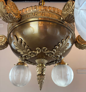 Incredible Antique Circa 1900-1905 Cast Bronze Beaux Arts Six Light Chandelier with Antique Etched and Star Patterned Shades