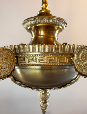 Incredible Antique Circa 1900-1905 Cast Bronze Beaux Arts Six Light Chandelier with Antique Etched and Star Patterned Shades