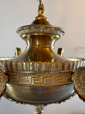 Incredible Antique Circa 1900-1905 Cast Bronze Beaux Arts Six Light Chandelier with Antique Etched and Star Patterned Shades