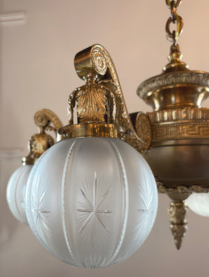 Incredible Antique Circa 1900-1905 Cast Bronze Beaux Arts Six Light Chandelier with Antique Etched and Star Patterned Shades
