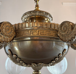 Incredible Antique Circa 1900-1905 Cast Bronze Beaux Arts Six Light Chandelier with Antique Etched and Star Patterned Shades