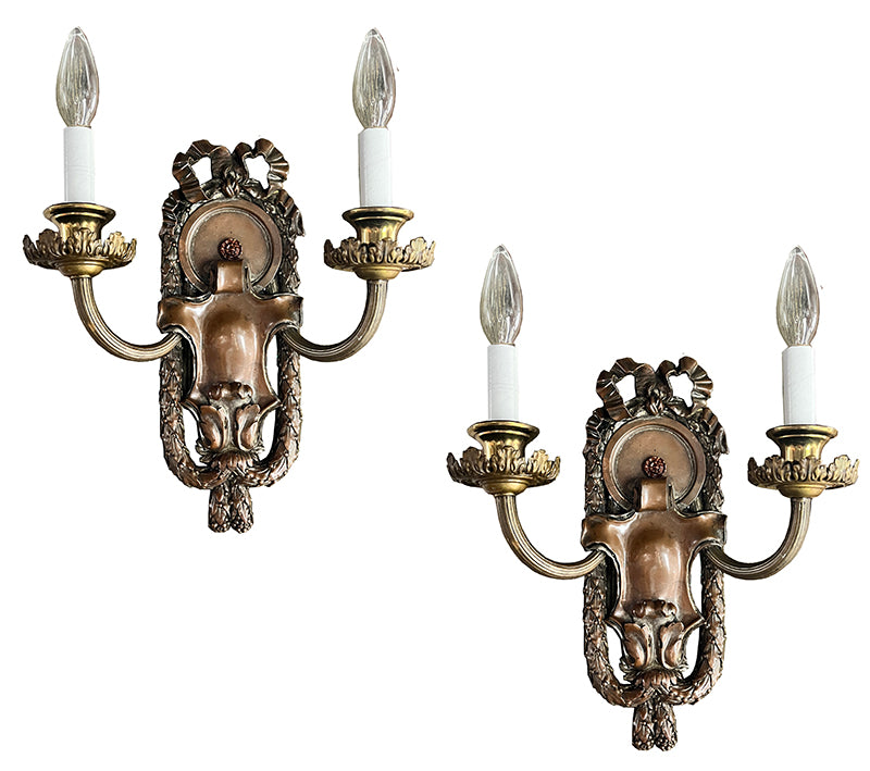 $1800 PAIR - Circa 1910 Signed Caldwell Beaux Arts Edwardian Double Light Bronze Wall Sconces